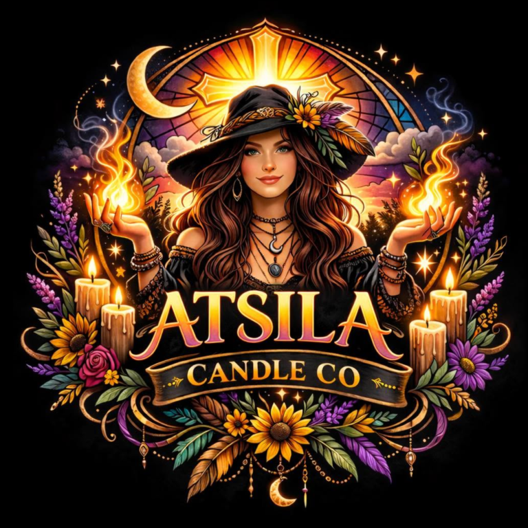 A vibrant, celestial-inspired logo for Atsila Candle Co. set against a black backdrop. The centerpiece features a long-haired woman in a wide-brimmed black hat decorated with flowers and feathers, holding glowing orange-yellow flames in her open hands. Behind her head is a glowing arch filled with warm sunlight, a crescent moon, and starry skies. The lower half of the emblem displays "ATSILA" in bold, warm-gradient serif lettering above a dark banner reading "CANDLE CO." Framing the text and figure is a rich botanical array including burning pillar candles, bright sunflowers, purple lavender stalks, pink roses, leaves, and hanging crescent moon charms.